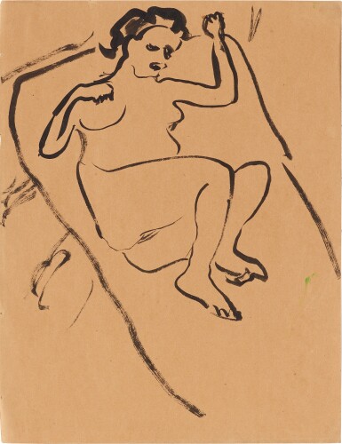 View full screen - View 1 of Lot 34. Liegender weiblicher Akt auf Sofa (Nude Lying on a Sofa) .