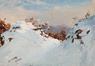 View full screen - View 1 of Lot 84. EDME-ADOLPHE FONTAINE | A snow-covered mountain landscape at Bois de Satory, near Le Désert.