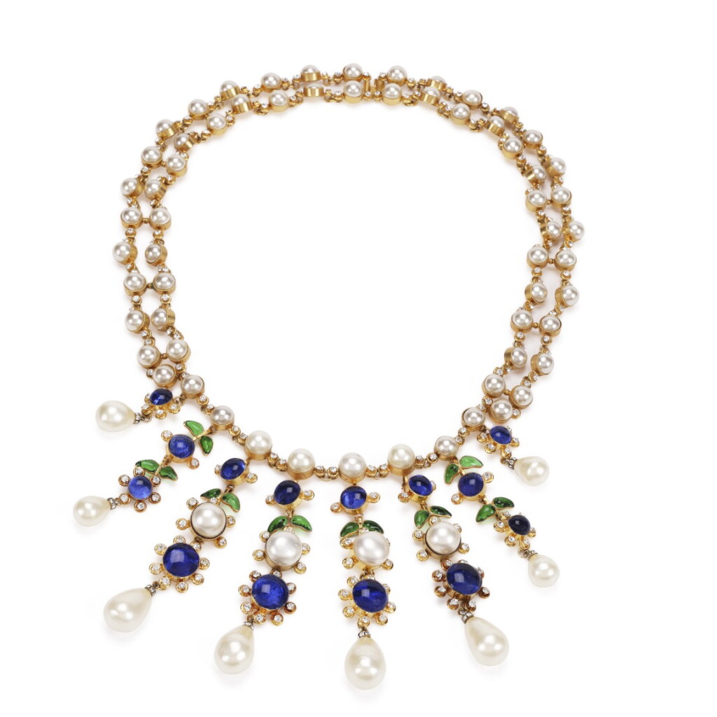 View full screen - View 1 of Lot 147. Blue and Green Gripoix Glass, Strass, Imitation Pearl, and Gold Metal Necklace, 1972-1979.