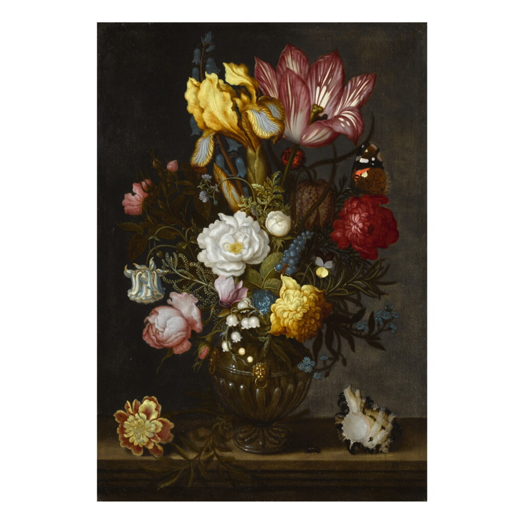 View full screen - View 1 of Lot 38. A still life of white and red roses, a tulip, anemones, a hyacinth, a pansy, lily-of-the-valley, and other flowers in an ornamented glass vase on a hard-stone ledge, with a shell, a bluebottle and a Red Admiral butterfly.