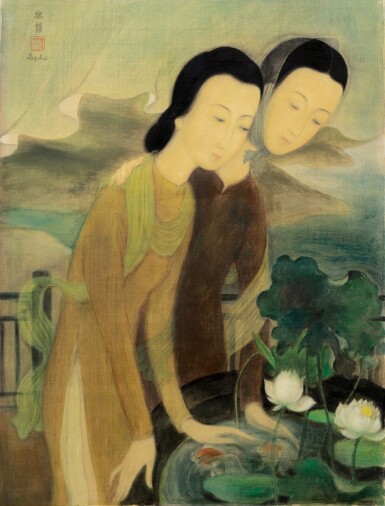 View full screen - View 1 of Lot 1014. Le Pho 黎譜 | Two Women Overlooking a Goldfiish Pond 俯瞰金魚池的兩位女子.