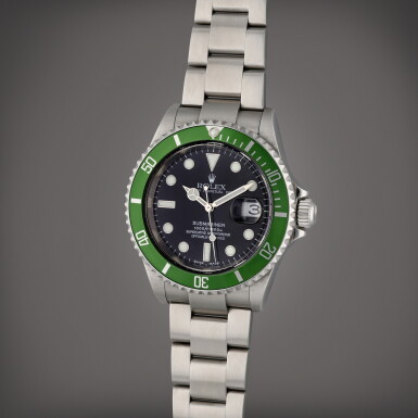 View full screen - View 1 of Lot 258. Reference 16610 T Submariner ‘Kermit Flat 4’ | A stainless steel automatic wristwatch with date and bracelet, Circa 2003.