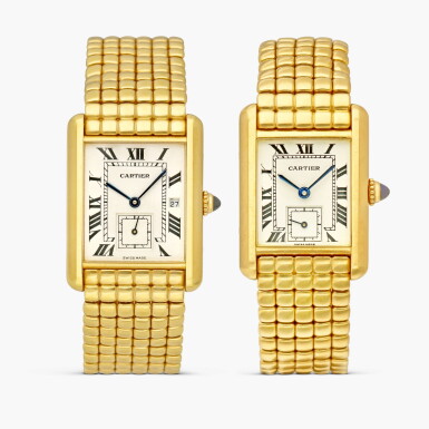 View full screen - View 1 of Lot 2500. Tank Louis ‘His and Hers’, Reference 8110 | A set of two wristwatches, first a yellow gold wristwatch with date and bracelet, second a yellow gold wristwatch with bracelet, Circa 1994.