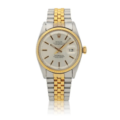 View full screen - View 1 of Lot 401. RETAILED BY TIFFANY & CO.: DATEJUST, REF 1603 STAINLESS STEEL AND YELLOW GOLD WRISTWATCH WITH DATE CIRCA 1977.
