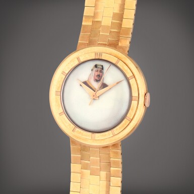 View full screen - View 1 of Lot 406. Reference 106525-3A | A yellow gold bracelet watch with enamel dial depicting His Highness King Saud Bin Abdul Aziz | Circa 1955.