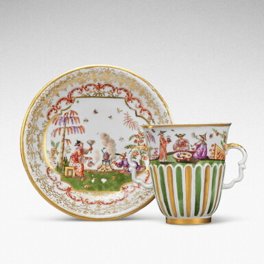 View full screen - View 1 of Lot 85. A rare Meissen Hausmaler two-handled beaker and stand, Circa 1728 .
