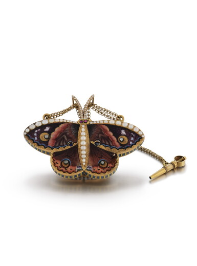 View full screen - View 1 of Lot 224. A JEWELLED GOLD AND ENAMEL AUTOMATON CASE IN THE SHAPE OF A BUTTERFLY, GENEVA, 1815-1820.