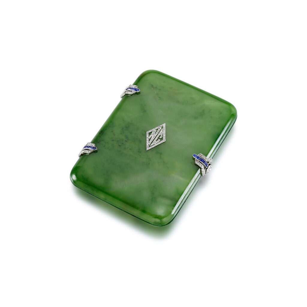 View full screen - View 1 of Lot 122. Nephrite, sapphire and diamond cigarette case, 1920s.