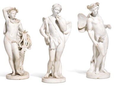 View full screen - View 1 of Lot 31. THREE SEVRES WHITE BISCUIT MYTHOLOGICAL FIGURES OF CUPID AND PSYCHE AND A FIGURE OF APOLLO, 18TH CENTURY.