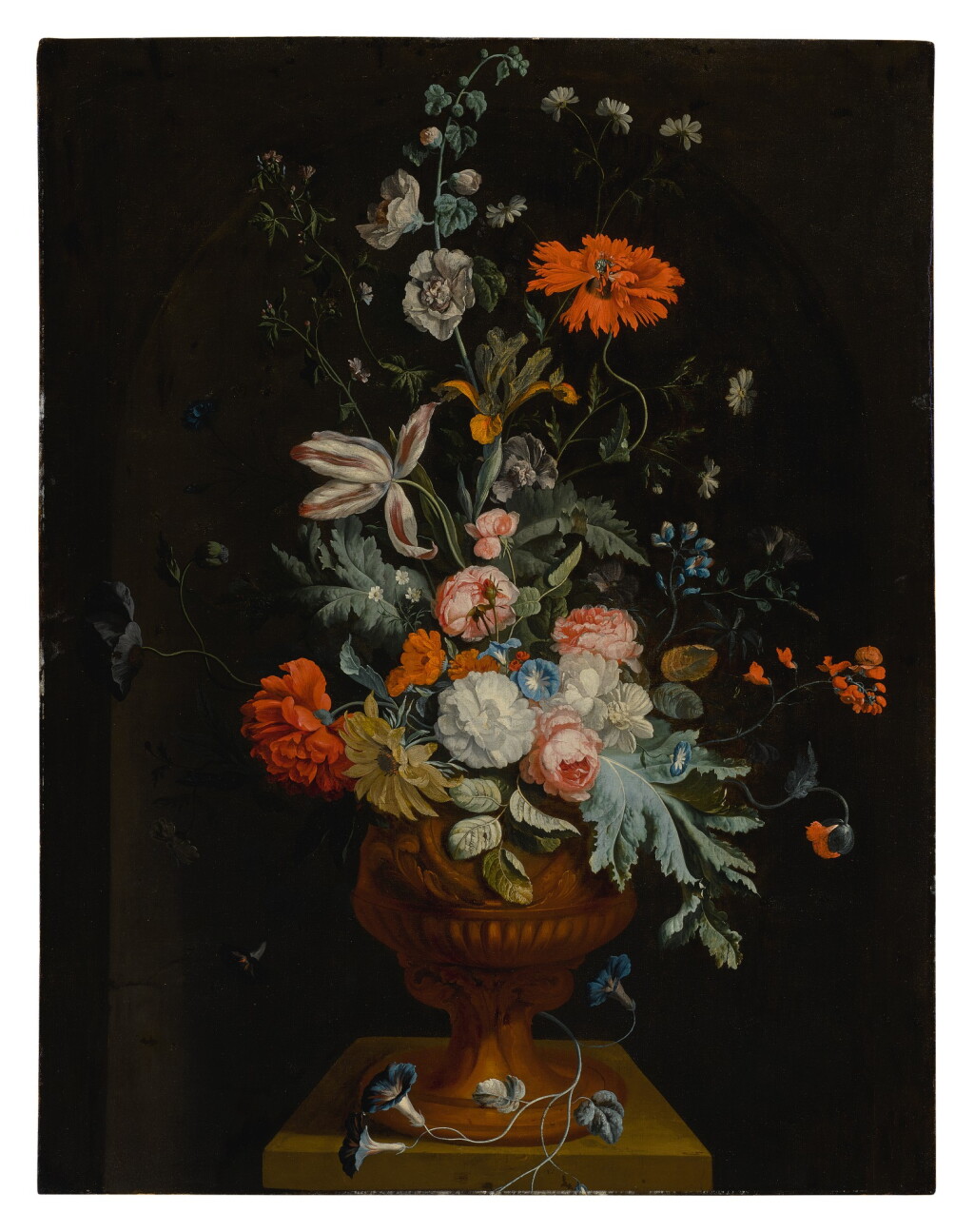 View full screen - View 1 of Lot 647. Still life of flowers in a terracotta vase before a stone niche.