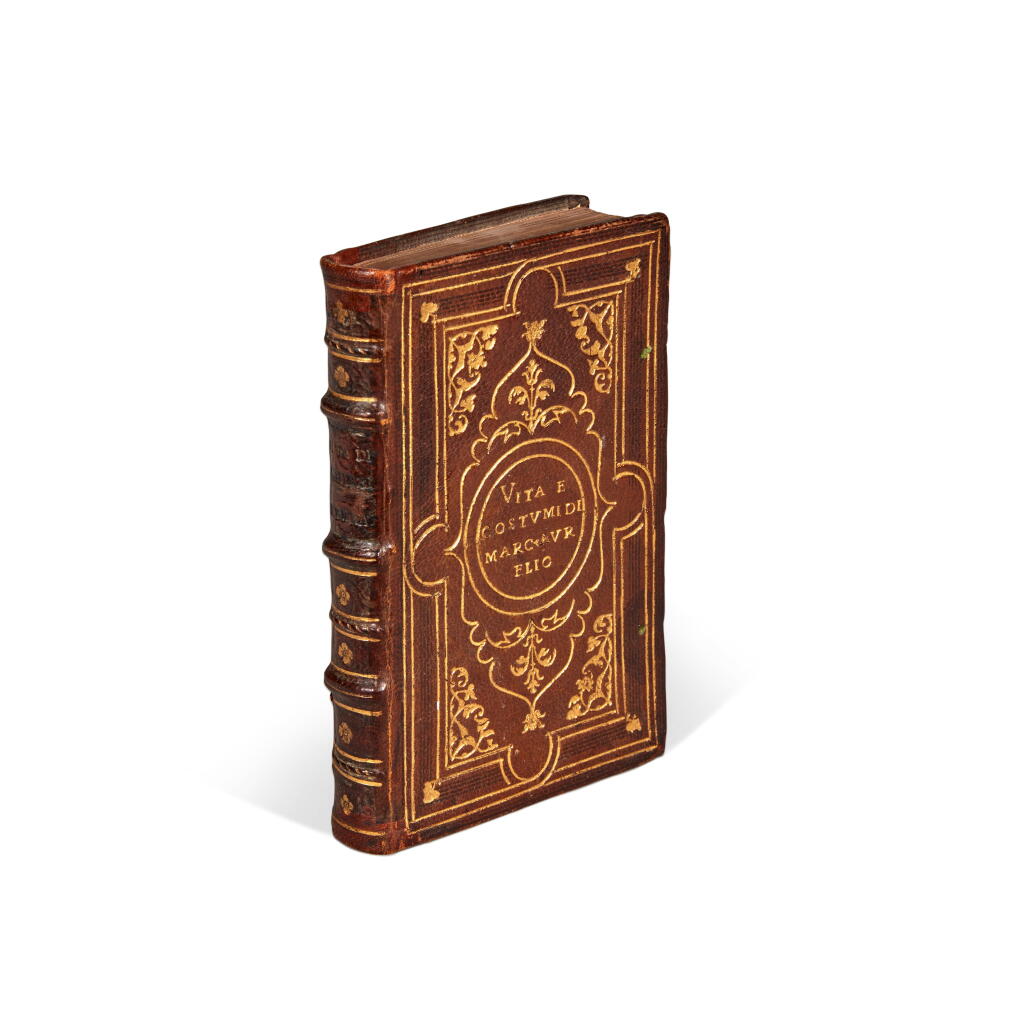View full screen - View 1 of Lot 160. Guevara, Vita, gesti, costumi, discorsi, lettere di M. Aurelio Imperatore, Venice, 1544, brown morocco gilt by Fugger Binder for A.A..