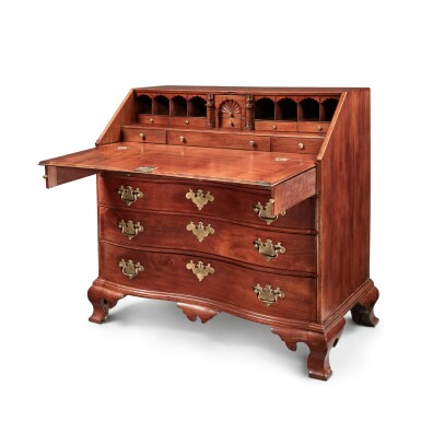 View full screen - View 1 of Lot 1127. Fine and Rare Chippendale Carved and Figured Mahogany Slant-Front Desk, Benjamin Frothingham (1734-1809), Charlestown, Massachusetts, Circa 1785.