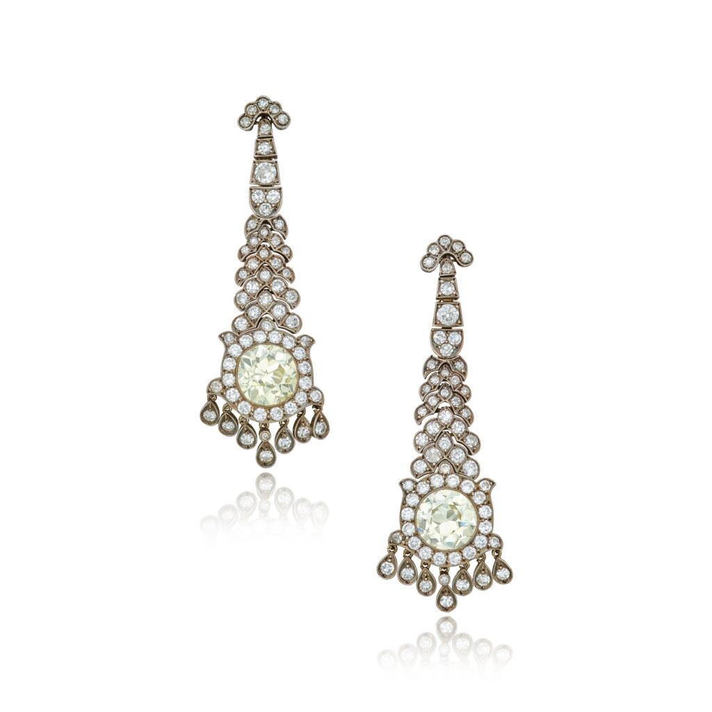 View full screen - View 1 of Lot 403. Pair of Silver-Topped Gold and Diamond Earrings.