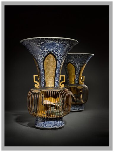 View full screen - View 1 of Lot 7. A rare and magnificent pair of Arita birdcage vases made for the European export market | Edo period, late 17th century.