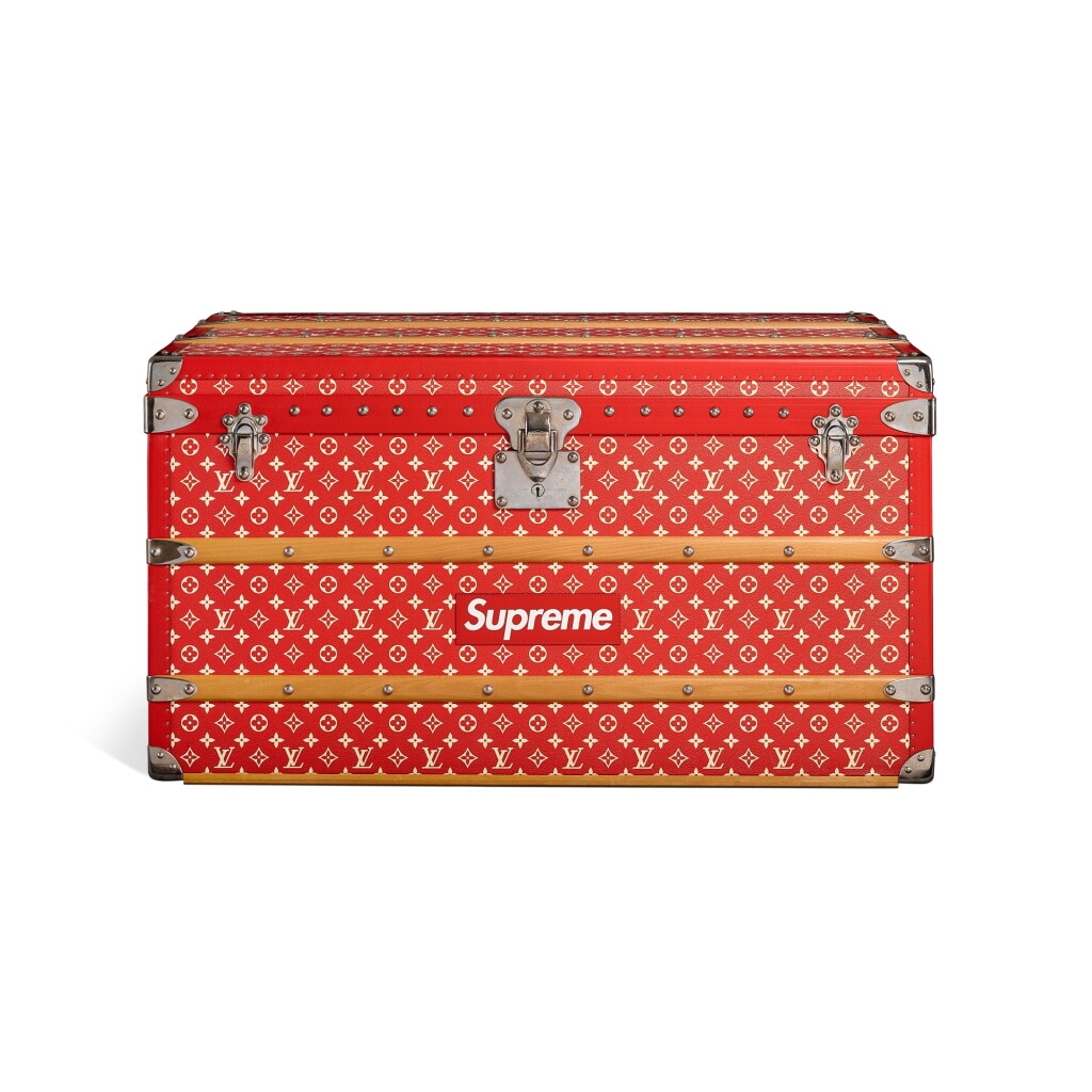View full screen - View 1 of Lot 1083. X Supreme Limited Edition Red and White Monogram Coated Fabric and Cowhide Leather Malle Courrier 90 Trunk Silver Hardware.