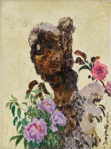 View full screen - View 1 of Lot 354. Zhou Chunya 周春芽 | Taihu Stone and Flowers 太湖石與花.