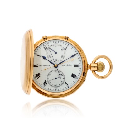 View full screen - View 1 of Lot 214. A gold hunting cased keyless lever 7½-minute flying tourbillon watch with split seconds chronograph and 60-minute register Movement circa 1917, no. 09765 case hallmarked 1904, no. 09765.