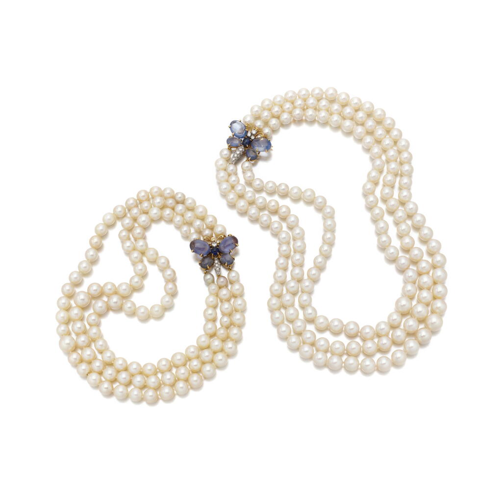 View full screen - View 1 of Lot 64. Two cultured pearl, sapphire and diamond necklaces |Due collane di perle coltivate in zaffiri e diamanti.