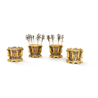 View full screen - View 1 of Lot 87. A set of four gilt-bronze silver and ebony reliquaries, second half of 19th century, with earlier elements.