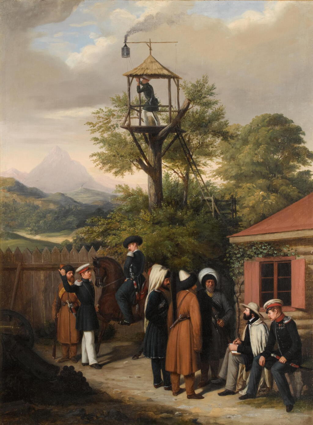 View full screen - View 1 of Lot 88. PIERRE MATHURIN PETRAUD | Russian officers and Circassian cossacks at a military outpost during the Caucasus campaign, possibly with a self-portrait of the artist sketching in his book.