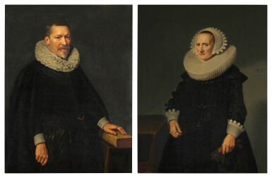 View full screen - View 1 of Lot 121. Portrait of Johan Camerlin (1567-1640), aged 59, standing three quarter length by a table, wearing a black costume with lace collar and cuffs, his left hand resting on a book; Portrait of Catharina Camerlin, née Wielant (1572-1633), aged 59, standing three quarter length by a table, wearing a black dress with a millstone ruff, cuffs and a bonnet.