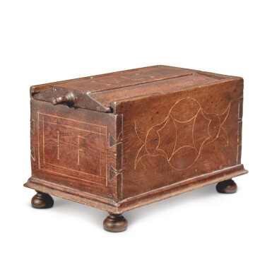 View full screen - View 1 of Lot 201. Rare William and Mary Inlaid Walnut Slide Lid Lock Box, Chester County, Pennsylvania, Dated 1741.