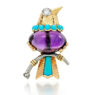 View full screen - View 1 of Lot 55. CARTIER | AMETHYST, TURQUOISE AND DIAMOND BROOCH, 1950S.