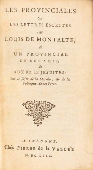 View full screen - View 1 of Lot 13. Les Provinciales. Cologne, 1657. In-12. Reliure du début du XVIIIe siècle. Première édition in-12 et la première à pagination continue..