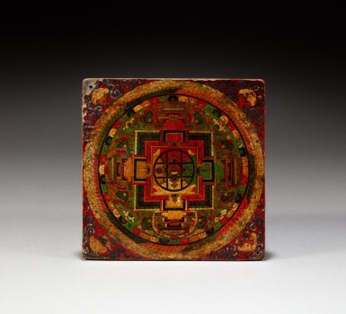 View full screen - View 1 of Lot 23. A polychrome wood 'mandala' altar table, Tibet, 18th / 19th century | 十八 / 十九世紀 藏傳木加彩曼陀羅紋小方桌.