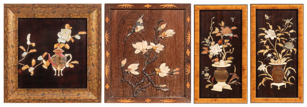 View full screen - View 1 of Lot 127. A group of four Shibayama-style lacquer and inlaid panels, Japan, Meiji period.