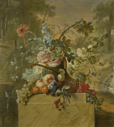 View full screen - View 1 of Lot 63. CIRCLE OF WILLEM VAN LEEN | A pair of still lifes of fruit and flowers in baskets on marble socles, in a landscape setting.