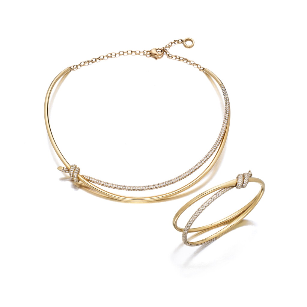 View full screen - View 1 of Lot 438. Gold and Diamond 'Tiffany Knot' Necklace and Bangle Bracelet.