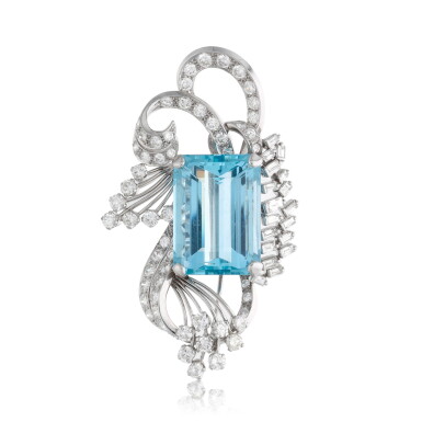 View full screen - View 1 of Lot 168. Aquamarine and diamond brooch, 1950s.