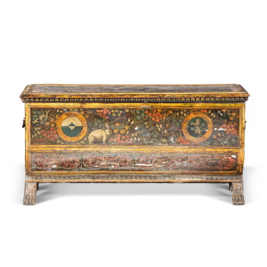 View full screen - View 1 of Lot 110. A painted wood cassone, Italy, Tuscany, 16th century and later | Cassone de mariage de forme tombeau en bois peint, Toscane, XVIe siècle et plus tardif.