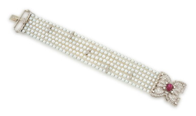 View full screen - View 1 of Lot 28. CULTURED PEARL, DIAMOND AND RUBY BRACELET (BRACCIALE CON PERLE COLTIVATE, DIAMANTI E RUBINO).