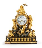 A Louis XV patinated and gilt-bronze mantel clock, circa 1735-1745, on a late Louis XV ebony and gilt-bronze mount base, stamped by Philippe-Claude Montigny | Pendule aux chinois en bronze patiné et doré d'époque Louis XV, vers 1735-1745, sur un socle en placage d’ébène et bronze doré de la fin de l’époque Louis XV, estampille de Philippe-Claude Montigny
