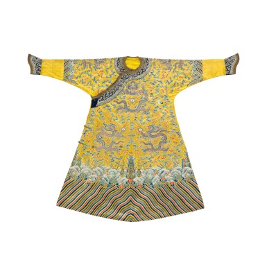 View full screen - View 1 of Lot 3648. An exceptionally fine and very rare embroidered satin and pearlwork ‘Twelve Symbol’ imperial court robe, jifu, Qing dynasty, Qianlong period | 清乾隆 御製明黃色緞繡緝米珠雲龍十二章紋夾龍袍.