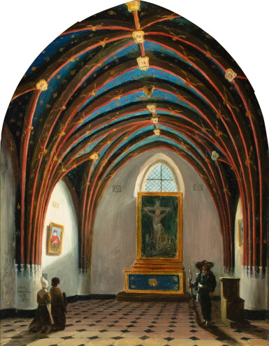 View full screen - View 1 of Lot 620. Prayers in a chapel | Priants dans une chapelle.