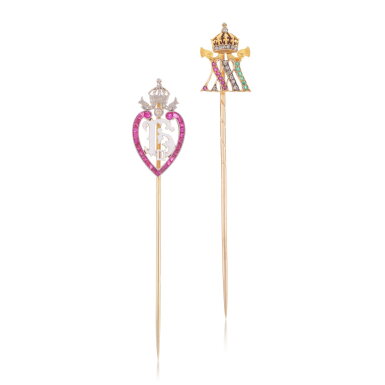 View full screen - View 1 of Lot 1022. Two gem set and diamond presentation tie pins, early 20th century.