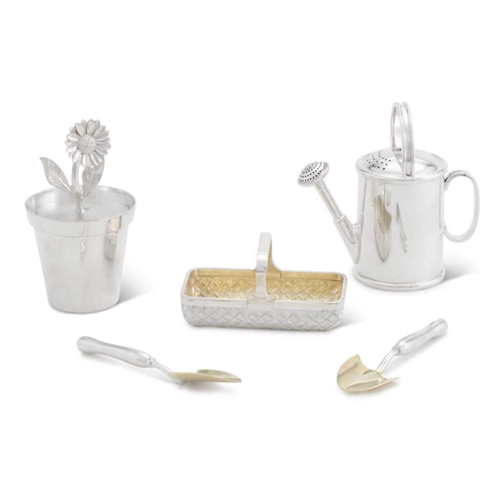 View full screen - View 1 of Lot 217. A cased novelty silver 'gardener's' condiment set, Garrard, London, 1994.