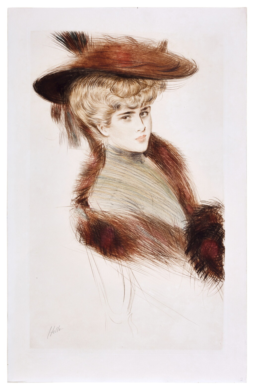 View full screen - View 1 of Lot 139. Elegante debout au chapeau et cape de fourure.