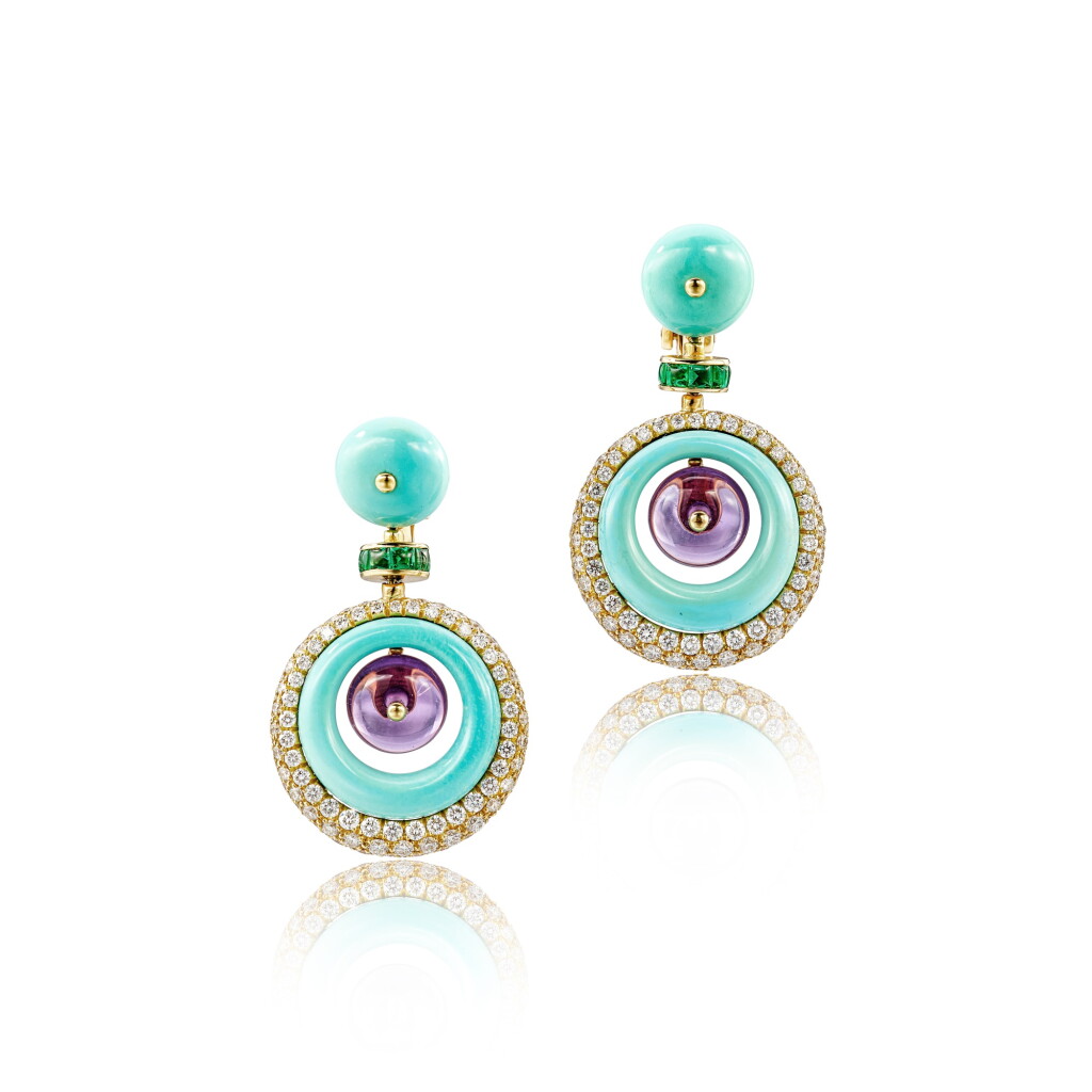 View full screen - View 1 of Lot 1729. Pair of Gem Set and Diamond Pendent Ear Clips | 寶格麗 | 寶石 配 鑽石 耳夾一對.