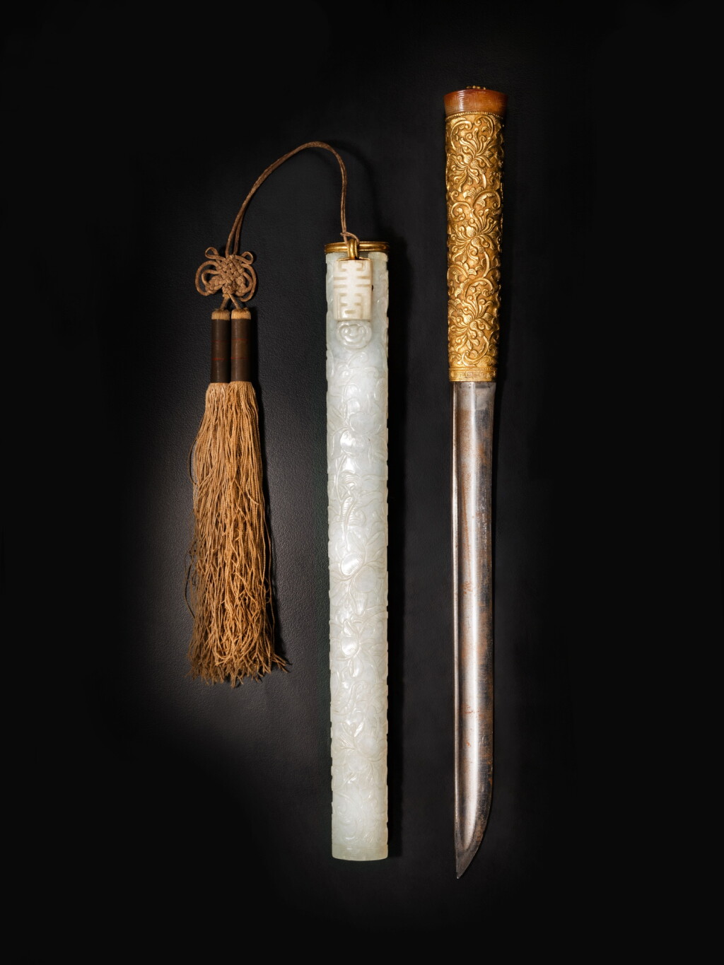 View full screen - View 1 of Lot 428. An imperial gilt-bronze hilted knife and white jade scabbard, Qing dynasty, 18th century.