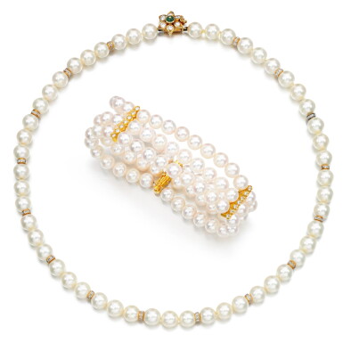 View full screen - View 1 of Lot 152. Cultured pearl, emerald and diamond necklace and a cultured pearl and diamond bracelet.