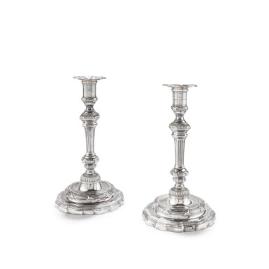 View full screen - View 1 of Lot 124. A pair of Louis XV candlesticks and nozzles by Alexis Loir, Paris, 1745.