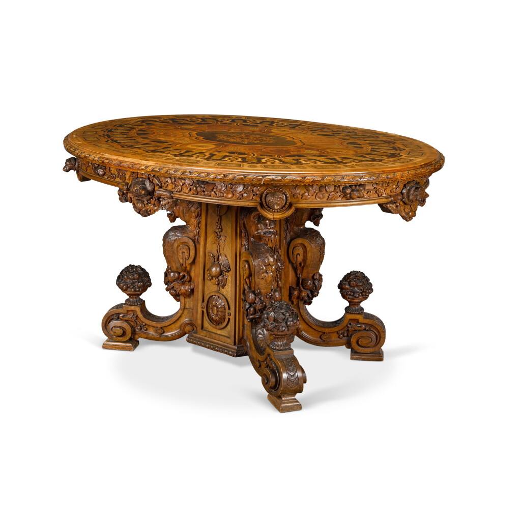 View full screen - View 1 of Lot 82. A Renaissance Revival tulipwood, walnut, satinwood centre table, English, circa 1860.
