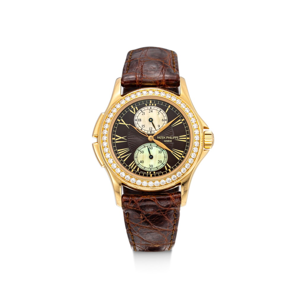 View full screen - View 1 of Lot 8079. PATEK PHILIPPE | REFERENCE 4934 | A YELLOW GOLD AND DIAMOND-SET DUAL TIME ZONE WRISTWATCH WITH MOTHER-OF-PEARL DIAL, CIRCA 2010 | 百達翡麗 | 型號4934 黃金鑲鑽石兩地時間腕錶,備珠母貝錶盤,約2010年製.