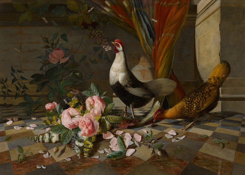 View full screen - View 1 of Lot 458. Still Life with Exotic Fowl, Roses and Butterflies.