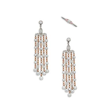 View full screen - View 1 of Lot 345. Pair of Colored Diamond and Diamond Earrings and Ring.