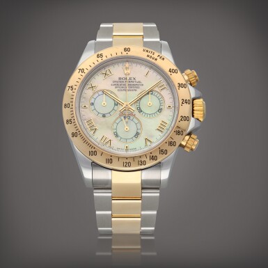 View full screen - View 1 of Lot 129. Daytona, Reference 116523 A stainless steel and yellow gold automatic chronograph wristwatch with mother-of-pearl dial and bracelet Circa 2004 | 勞力士 | Daytona 型號 116523 精鋼及黃金自動上鏈計時鍊帶腕錶,配珠母貝錶盤,製作年份約 2004.
